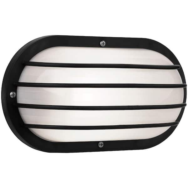 Newport Coastal Oval Nautical 10 in. Black Outdoor Wall Mount Light with Grill