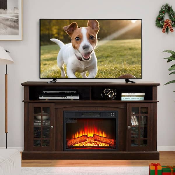 58.25 in. Freestanding Electric Fireplace TV Stand with 23 in. Electric Fireplace Insert, Storage Space, Espresso