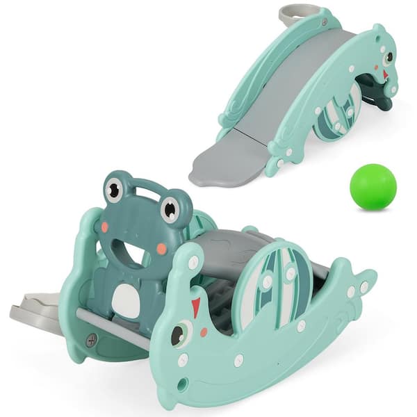 Gymax 3-in-1 Kids Slide Rocking Horse Set Convertible Toddler Slide with Basketball Hoop