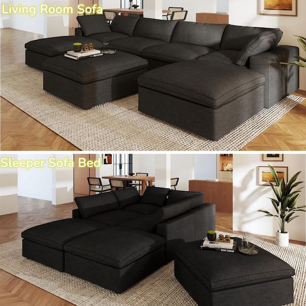 157 in. Square Arm 7-Piece Linen L-Shaped Sectional Sofa Corner Cloud Couch in Black with Ottoman
