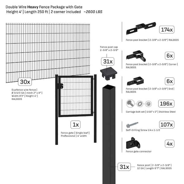 Double-Wire Heavy Duty 250 ft. x 4 ft. Steel Flat Top Spaced Black Fence Panel Package with Gate (30-Pack)