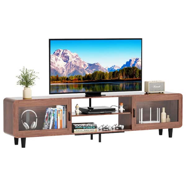 Tahanbath Walnut TV Stand: Fits 55-70 in. TVs, with Power Outlets, Sliding Doors and Open Shelf for Living Room