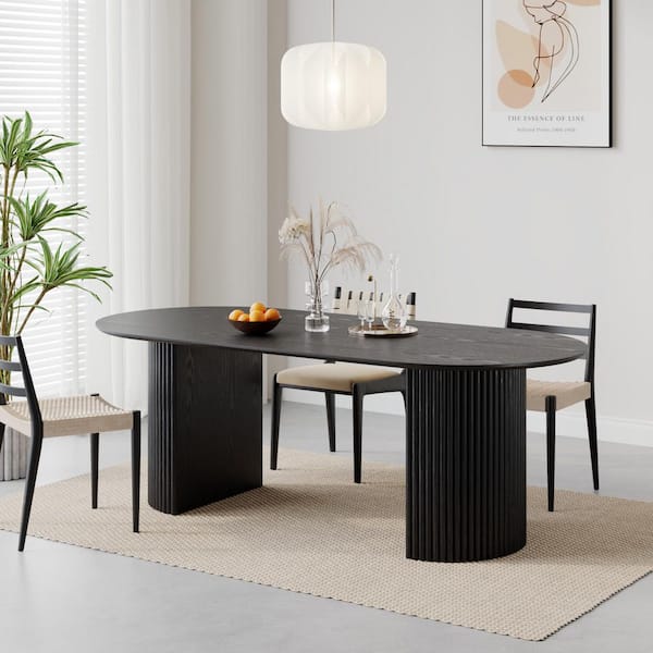 Oval Black Wooden Solid Wood 79 in. Double Pedestal Base Dining Table Seats-8