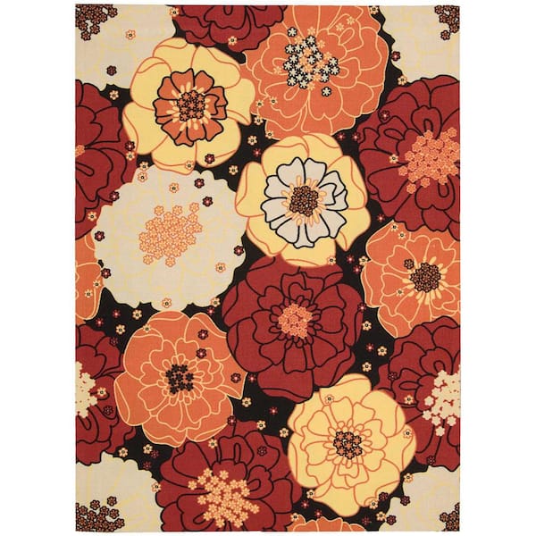 Nourison Home and Garden Chrysanthemum Black 5 ft. x 7 ft. Floral Contemporary Indoor/Outdoor Patio Area Rug