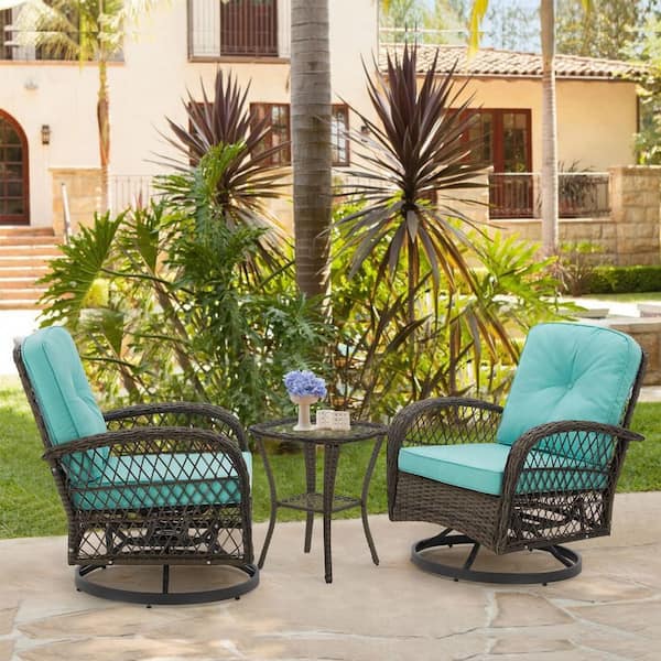 Unbranded 3-Piece Wicker Outdoor Rocking Chair, Patio Conversation Set Swivel Chairs with Blue Thick Cushions and Coffee Table