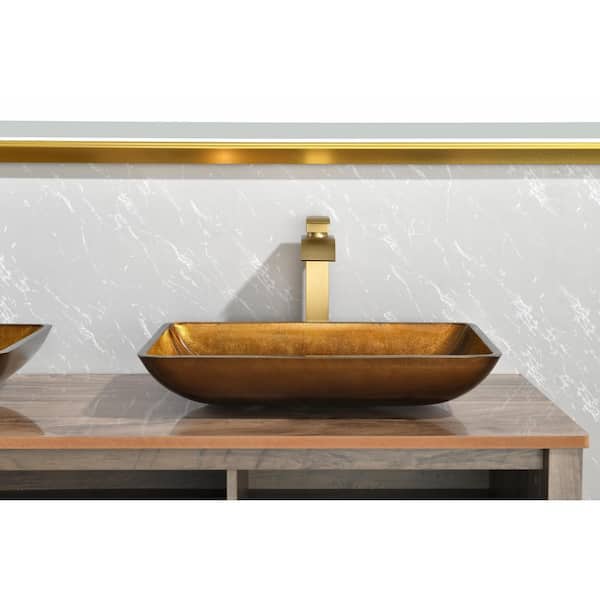 AOPSPS Handmade Countertop Gold Glass Rectangular Bathroom Vessel Sink with Faucet and Pop-Up Drain