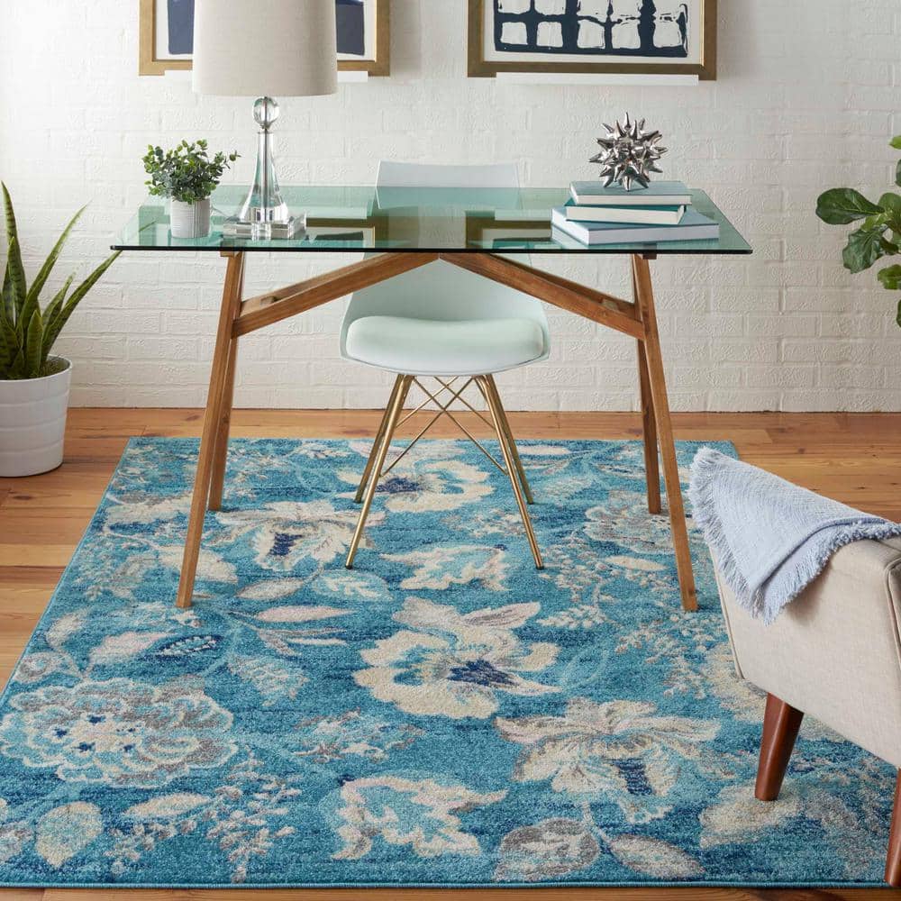 Turquoise Floral Synthetic 6' x 9' Rectangular Area Rug