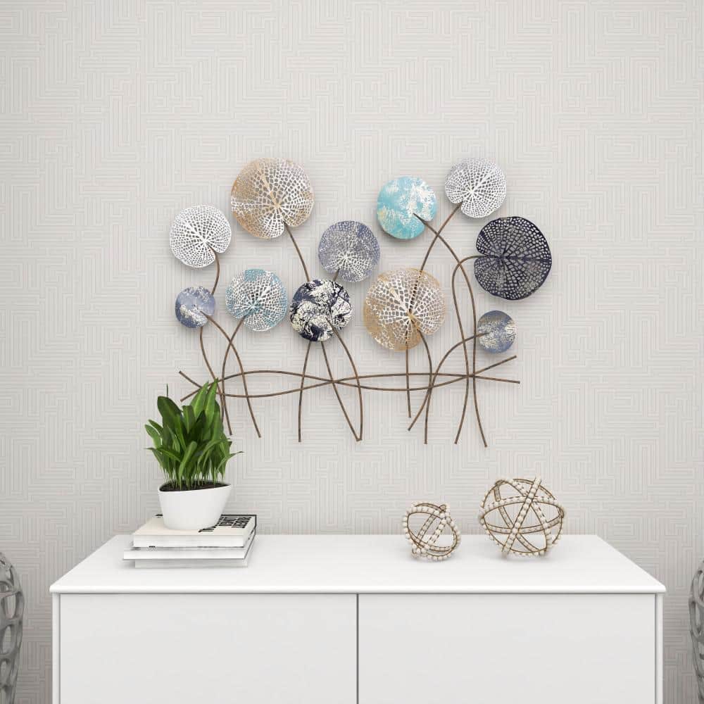 Blue and Gold Metal Floral Wall Sculpture with Gold Trim