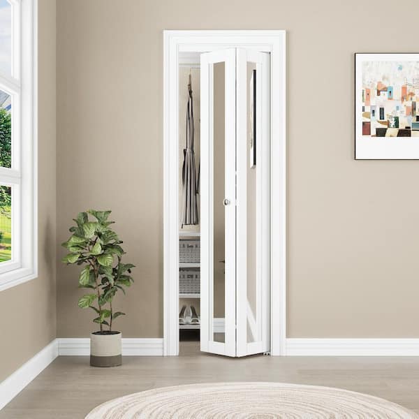 28 in. x 80 in. 1-Lite Mirrored Glass Solid Core White Primed MDF Closet Bi-Fold Door with Hardware Kit