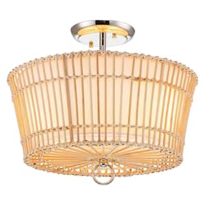 17 in. 3-Light Chrome Natural Rattan Bamboo Semi Flush Mount with White Linen Shade