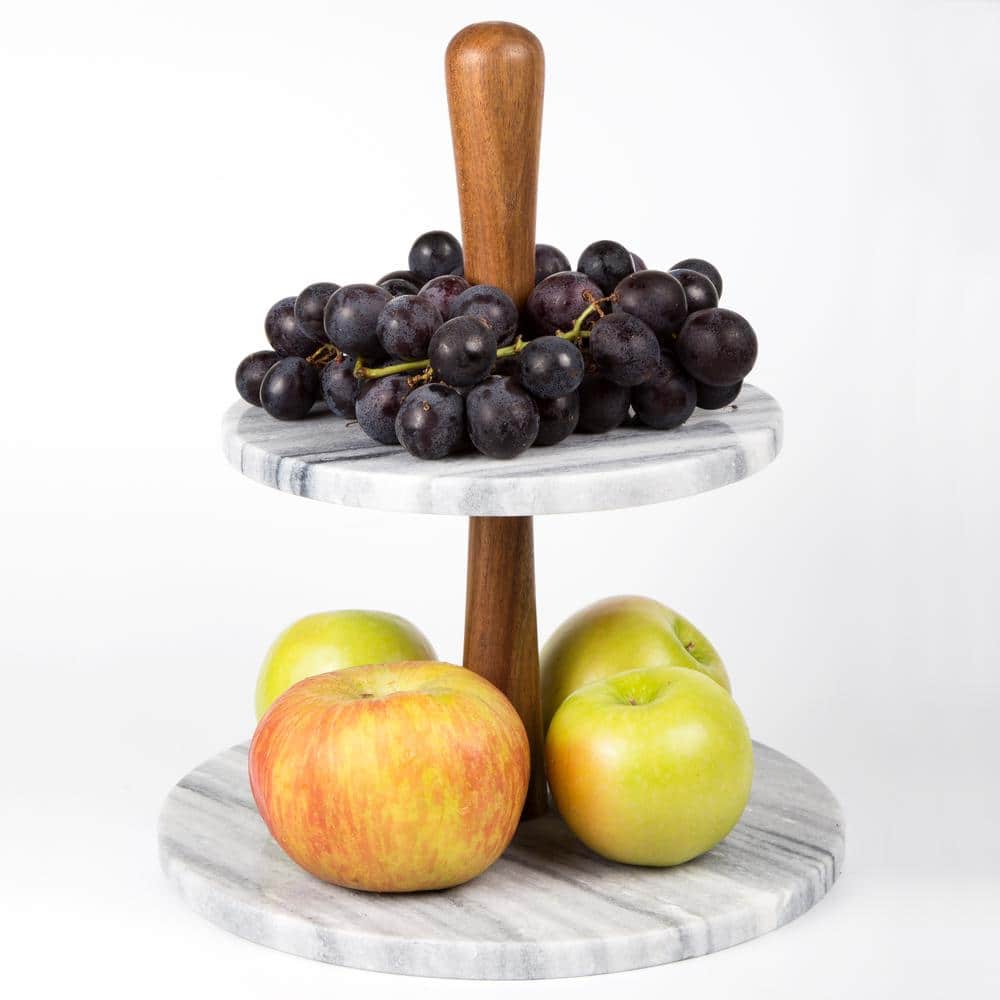 Gray Marble and Acacia Wood 2-Tier Round Cake Stand