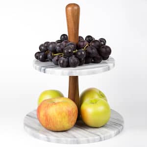 2-Tier Natural Marble and Acacia Wood Cake Dessert Stand, Fruit Plate, Pastry Server, Off-White