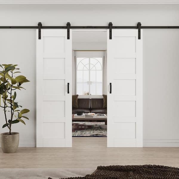 48 in. x 96 in. Waterproof 5 Panel White MDF Easy Install Sliding No Assembly Required Barn Door Slab with Hardware Kit
