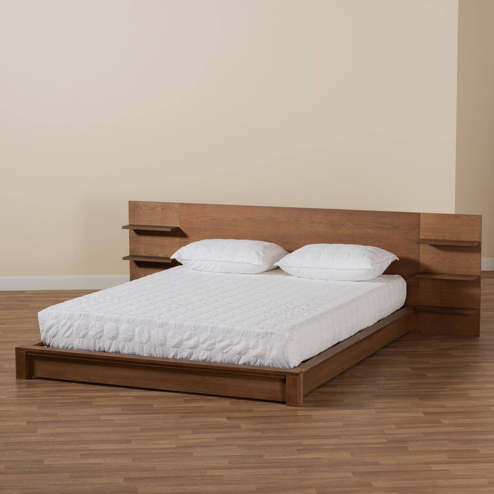 Walnut Brown Wood Queen Platform Storage Bed with Shelves
