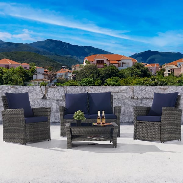 BFB 4-Piece Wicker Patio Conversation Set with Navy Blue Cushions