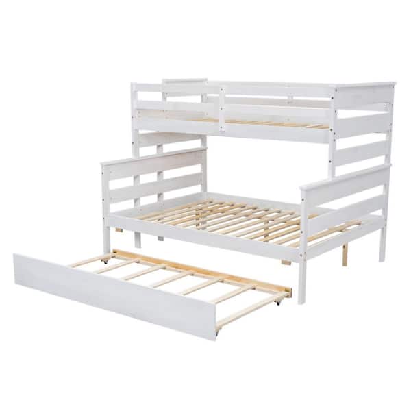White Twin over Full Bunk Bed with Twin Size Trundle and Guard Rails