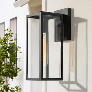 Rustic Matte Black Outdoor Wall Sconce 1-Light Classic Cage Wall Lantern for Patio with Clear Glass Shade