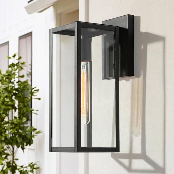 LNC Rustic Matte Black Outdoor Wall Sconce 1-Light Classic Cage Wall Lantern for Patio with Clear Glass Shade