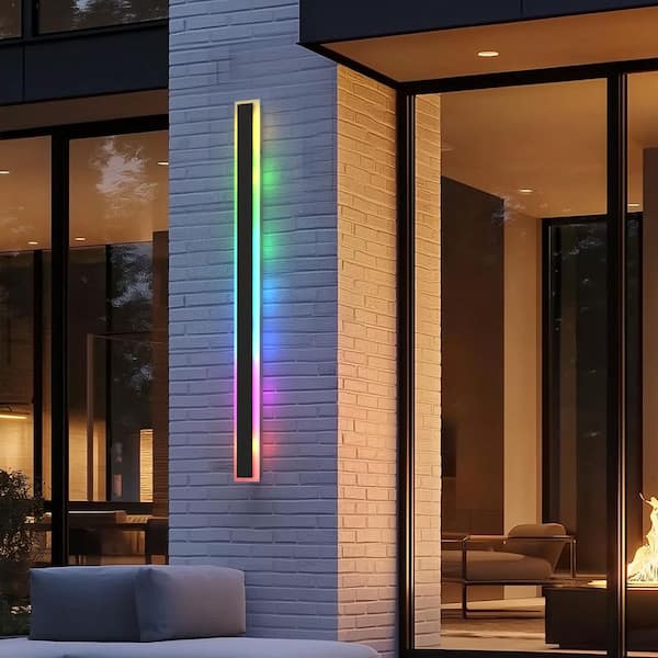 Briignite 1-Light 37 in. Black Modern RGB LED Outdoor Wall Lantern Sconce for Garden, Waterproof Porch Light