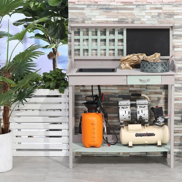 Runesay Wooden 36.25 in. W x 47 in. H Light Gray Potting Bench Table with Removable Sink and Chalkboard