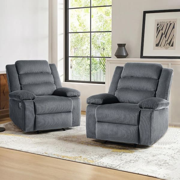 Uixe Modern Dark Gray Corduroy Fabric Upholstered Recliner Chair with Adjustable Backrest and Footrests (Set of 2)