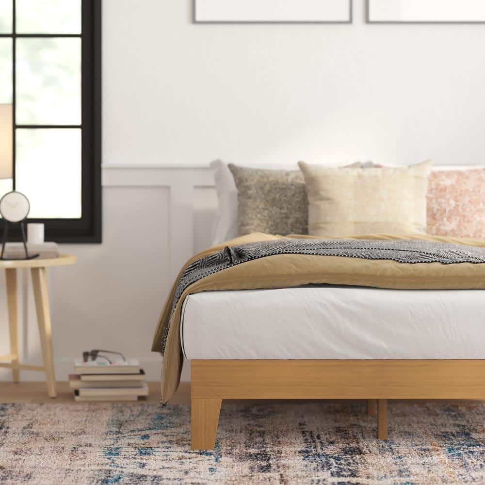 Natural Pine Full Platform Bed with Wood Headboard and Slats
