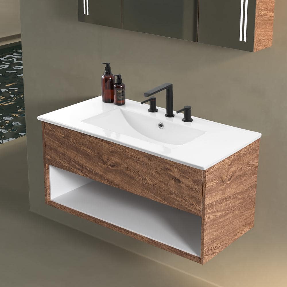 White Rectangular Ceramic Vanity Sink Top with 3 Holes