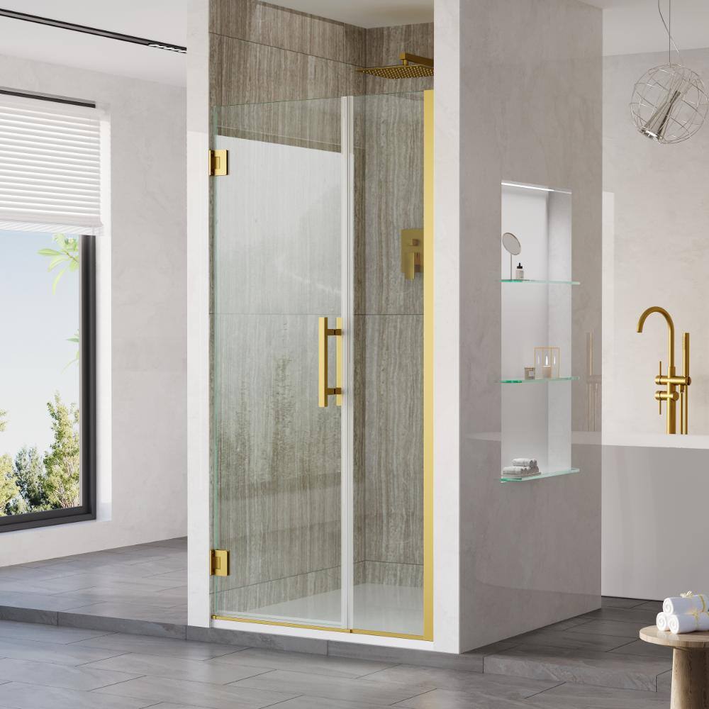"34-35 in. W x 72 in. H Pivot Hinged Frameless Shower Door in Brushed Gold with 3/8"" SGCC Clear Tempered Glass" price history on PriceWatchPro