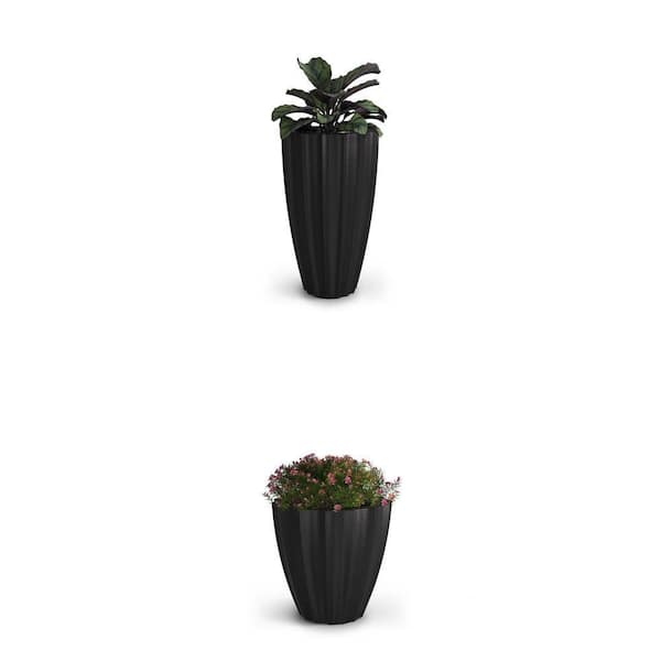Sedona Self-Watering Planter Combo: 18 in. Round and 28 in. Tall Black Polyethylene Planter