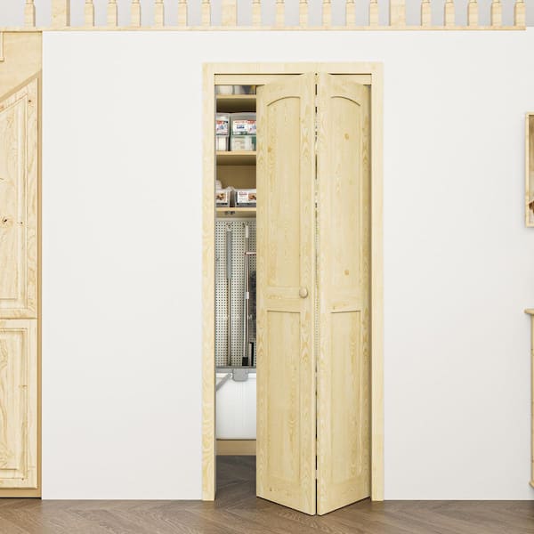 30 in. x 80 in. Arch Panel 2-Lite Solid Core Unfinished Pine Wood Interior Closet Bi-Fold Door with Hardware