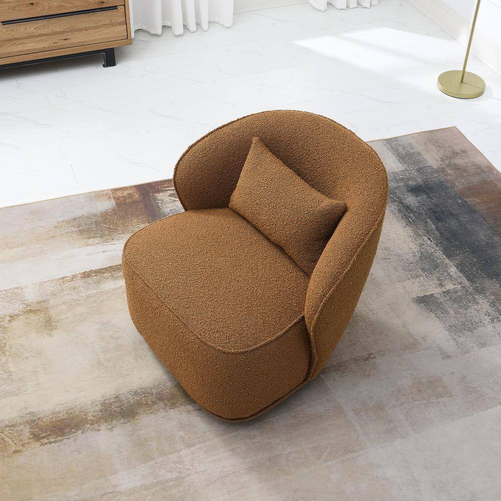 Camel Boucle Upholstered Swivel Barrel Chair with Solid Wood Frame