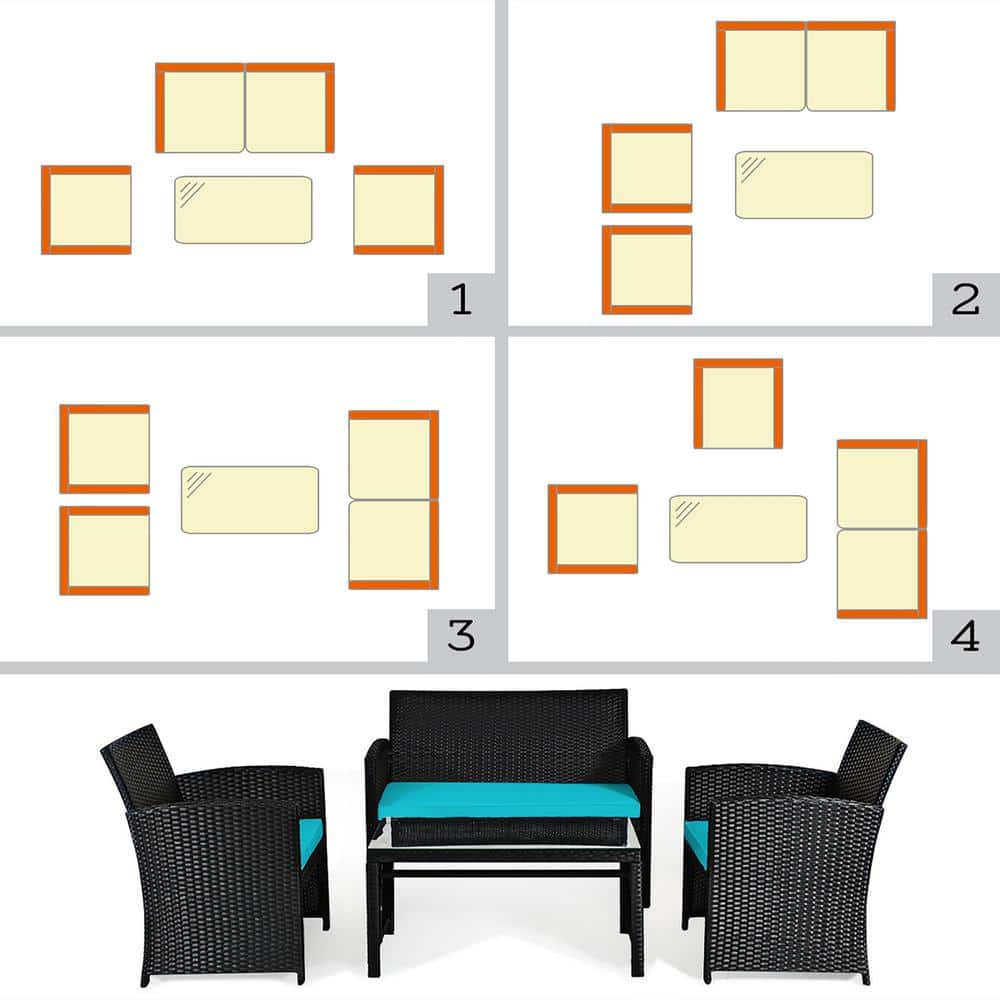 Turquoise Cushioned Black Wicker 4-Piece Patio Conversation Set