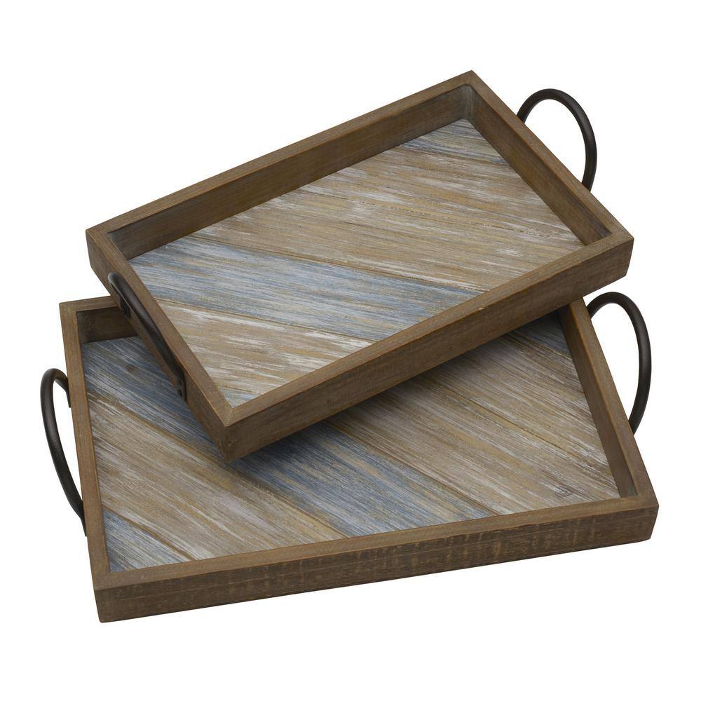 Multicolor Distressed Wood Decorative Trays with Metal Handles