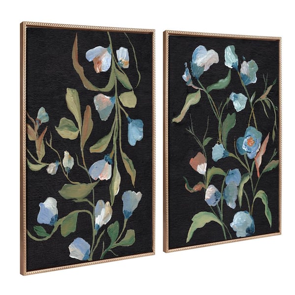 Kate and Laurel Sylvie Blue Flowers Framed Canvas Wall Art 2-Piece Gold 28.00 in. x 38.00 in.