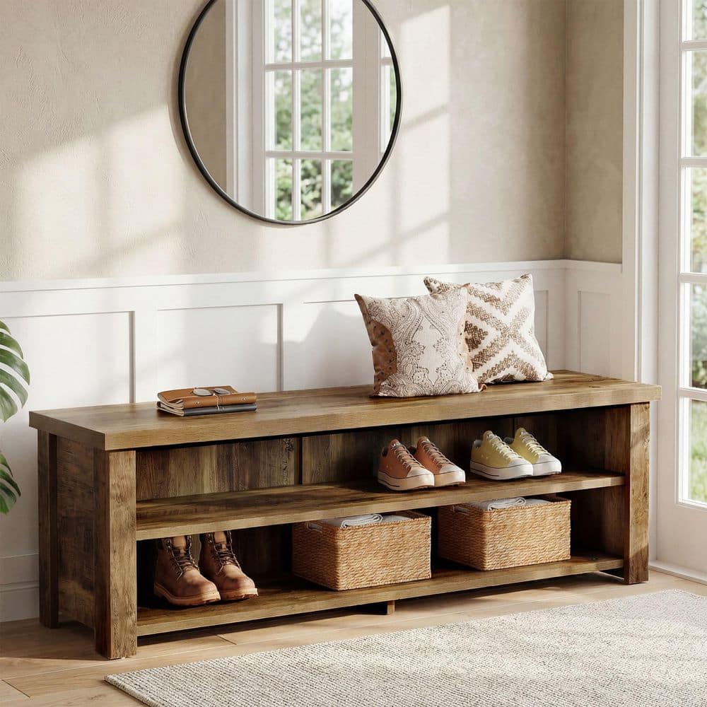 Rustic Brown 55.12 in. Shoe Storage Bench with Storage, Farmhouse Entryway Bench with 2-Tier Shelves for Entryway