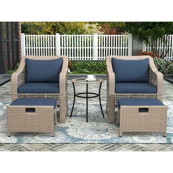 FORCLOVER Brown 5 Piece Wicker Patio Conversation Set with Navy