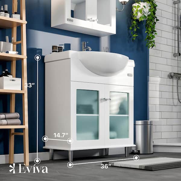 Eviva Tux 36 in. W x 14.7 in. D x 33 in. H Single Bath Vanity in White with White Porcelain Top with White Sink