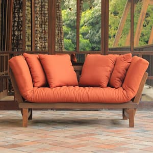 Tulle Natural Brown Wood Outdoor Convertible Sofa Day Bed with Brick Red Cushion