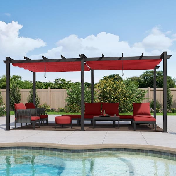 10 ft. x 18 ft. Gray Aluminum Frame Outdoor Patio Pergola Gazebo with Red Retractable Sun Shade Canopy for Pavilion