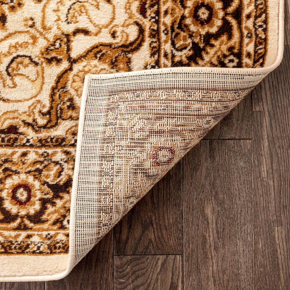 Ivory and Beige Oriental Synthetic Runner Rug