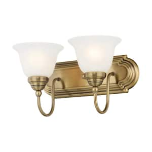 Bradley 14 in. 2-Light Antique Brass Vanity Light with White Alabaster Glass