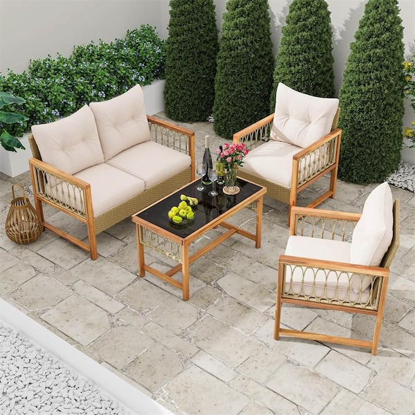 4-Piece Wood Patio Conversation Set with Coffee Table and Beige Cushions