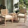 Wooden outdoor bench with cream seat cushions on a deck.
