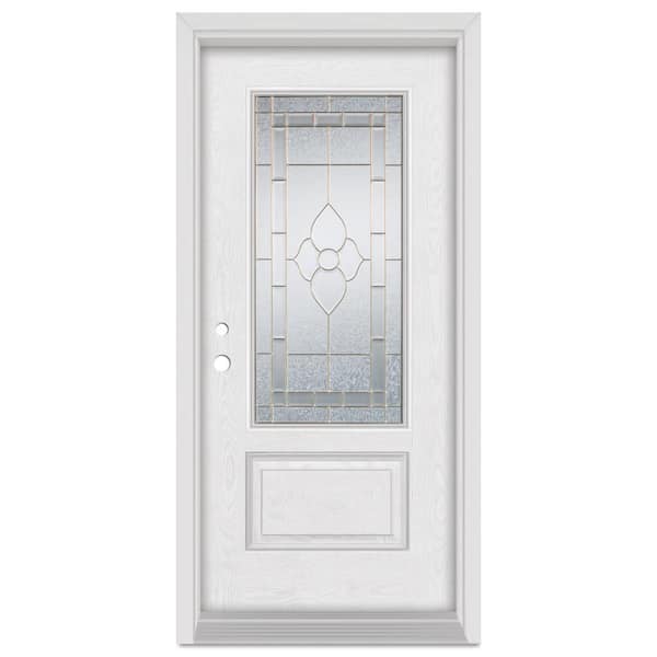 32 in. x 80 in. Traditional Right-Hand Brass Finished Fiberglass Oak Woodgrain Prehung Front Door