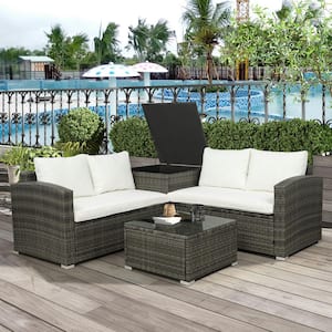 Brown 4-Pieces Wicker Patio Conversation Sectional Seating Set with Beige Cushion Garden Patio Furniture Set