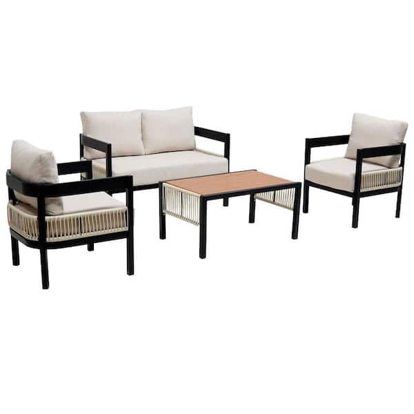 4-Piece Metal Patio Conversation Set with Beige Cushions