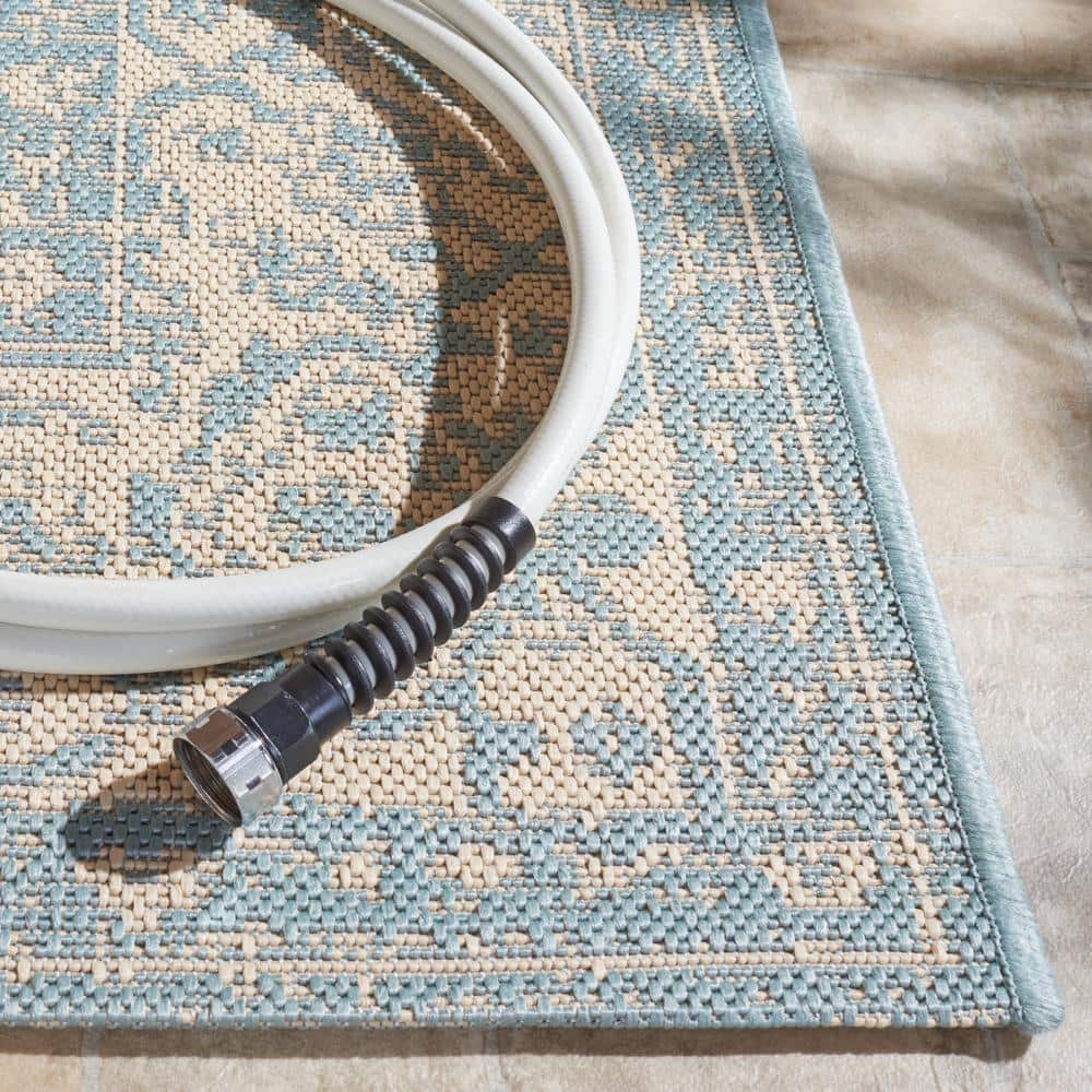 Cream and Aqua Medallion Synthetic Indoor/Outdoor Rug, 3' x 5'
