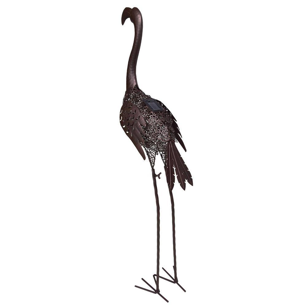 40 in. Dark Brown Steel Flamingo Garden Sculpture with Solar Light