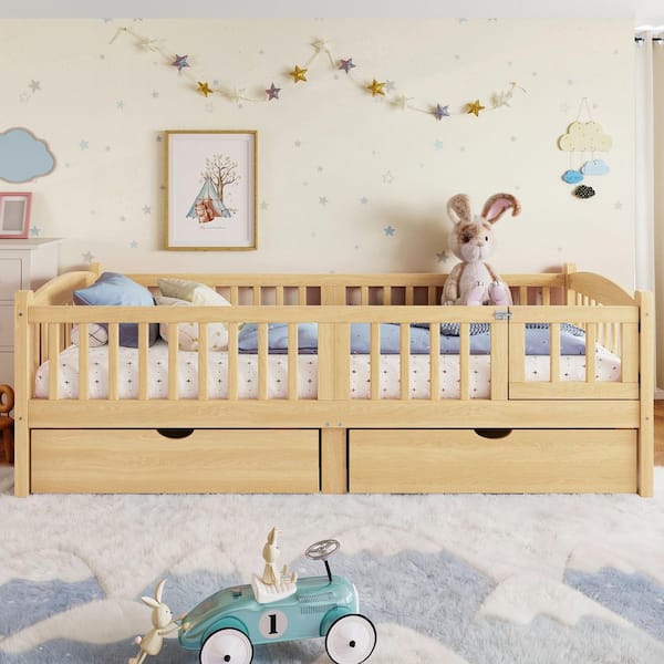 Natural/Yellow Wood Frame Twin XL Size Platform Bed with Full-length Guardrails,storage Drawers