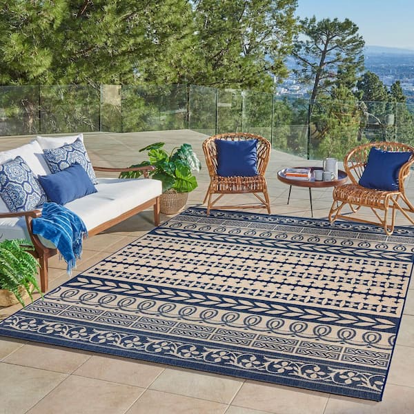 Paseo Burke Striped Sand/Navy 9 ft. x 13 ft. Striped Indoor/Outdoor Area Rug